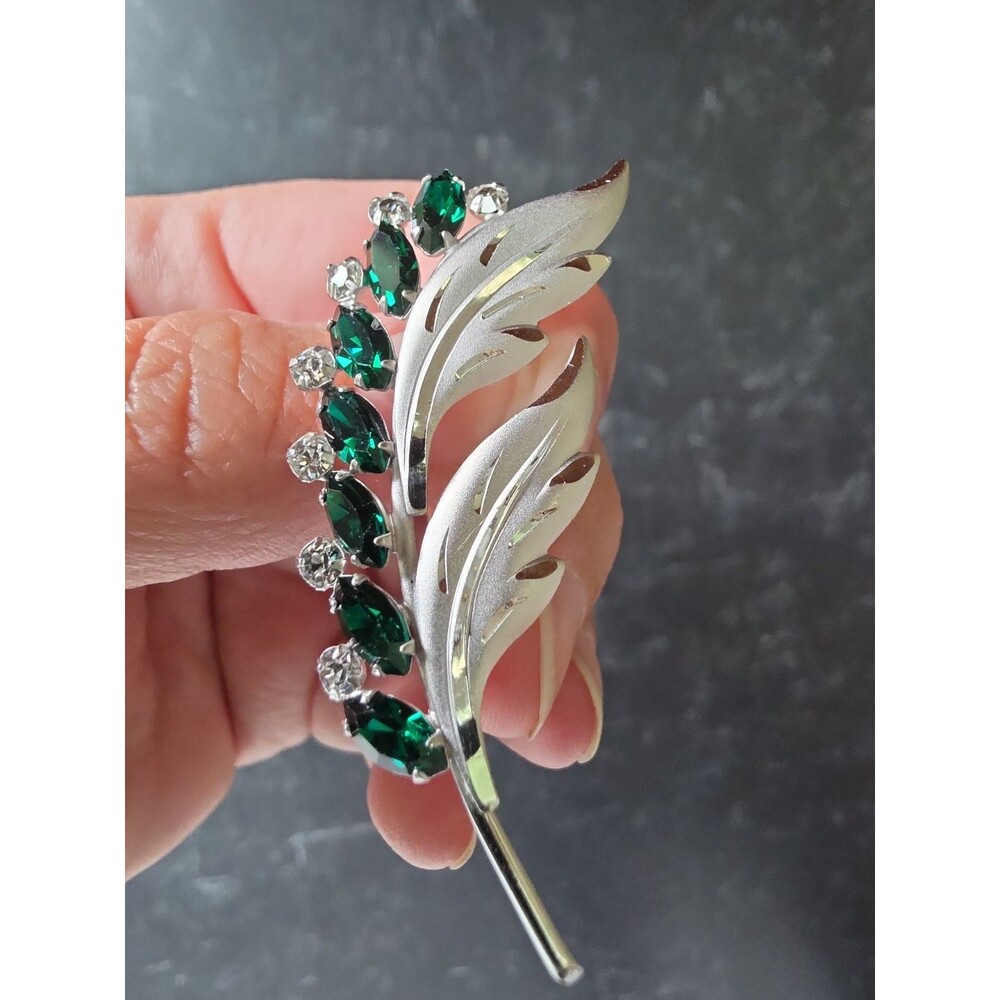 925 Sterling Silver Green And Clear Rhinestone Leaf Brooch Vintage
